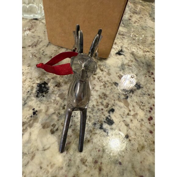 Vtg Pottery Barn Silver-Plated Reindeer Figurine Red Ribbon holiday tree decor - Picture 3 of 9